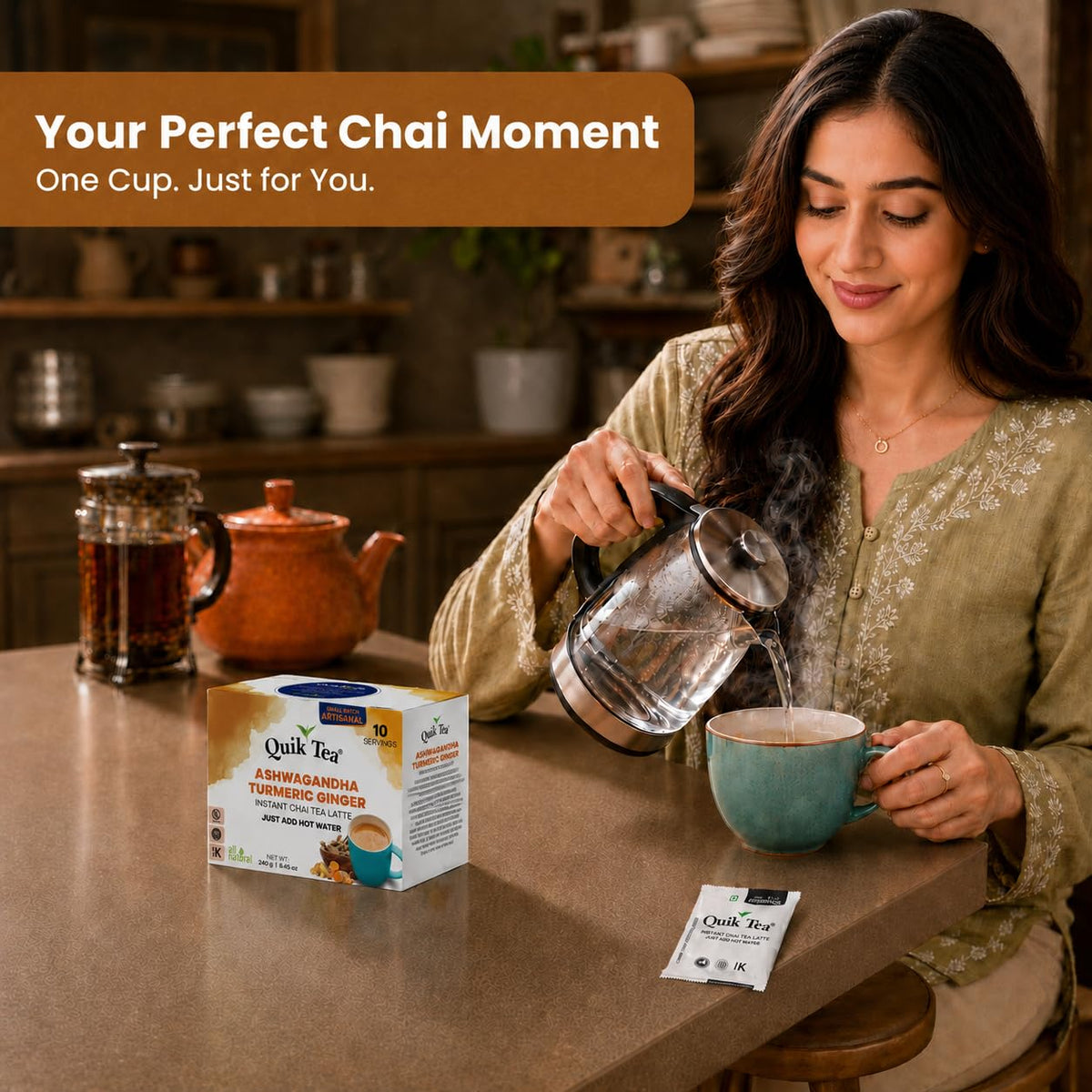 QuikTea Instant Chai Tea Latte Mix, Masala, Unsweetened, 20 Sachets