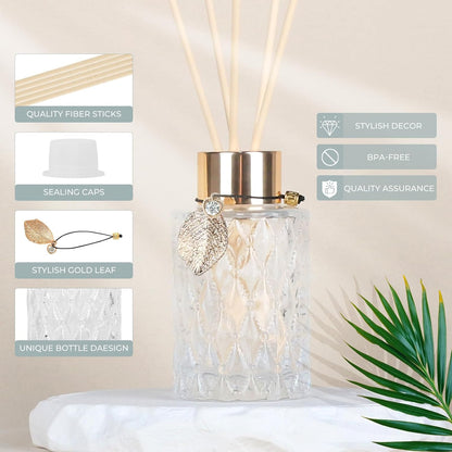 4-Piece Reed Diffuser Set with Metal Golden Decoration, 3.5-4.2oz Empty Bottles and 20 Reed Sticks, Unique Design for Home and Office (4 Different Bottles)