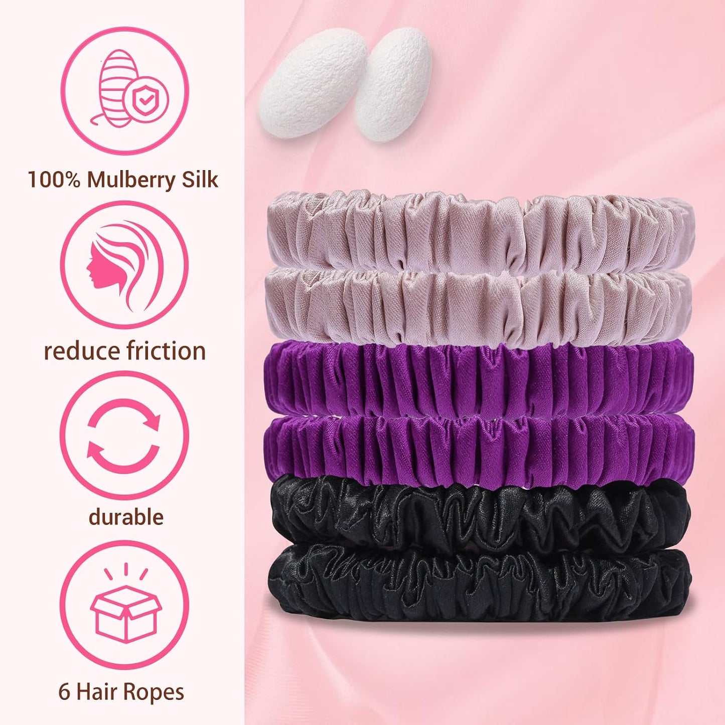 22 Momme 6PCS 100% Mulberry Silk Hair Ties Small Silk Scrunchies for Women Girls Curly Thick Thin Hair .Women's Black Cute Satin Sleepy Bulk Hair Tie Scrunchie Sleep