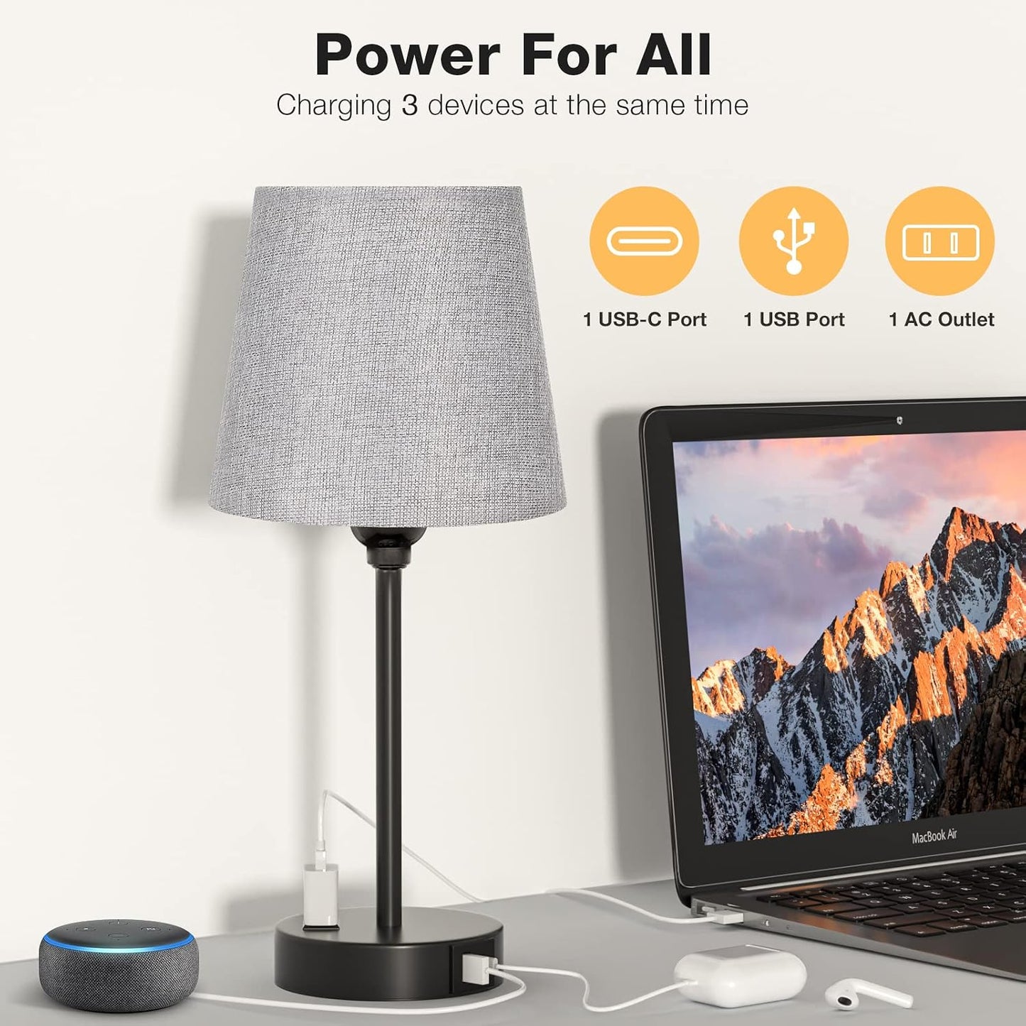 Mini Bedside Lamps for Bedrooms Set of 2 - Nightstand Bedroom Lamps with USB C Port and AC Outlet Charging, Dimmable Touch Small Bed Side Table Lamp, Black Night Stand Light for Kids/Guest Room