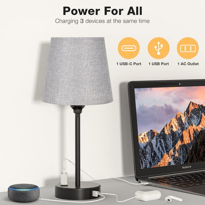 Mini Bedside Lamps for Bedrooms Set of 2 - Nightstand Bedroom Lamps with USB C Port and AC Outlet Charging, Dimmable Touch Small Bed Side Table Lamp, Black Night Stand Light for Kids/Guest Room