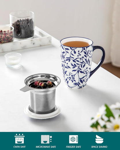 vancasso SELENE Porcelain Tea Mug, 18 oz Porcelain Tea Cup with Infuser and Lid Steeps Loose Leaf Tea, Microwave & Dishwasher Safe, Blossom Cluster