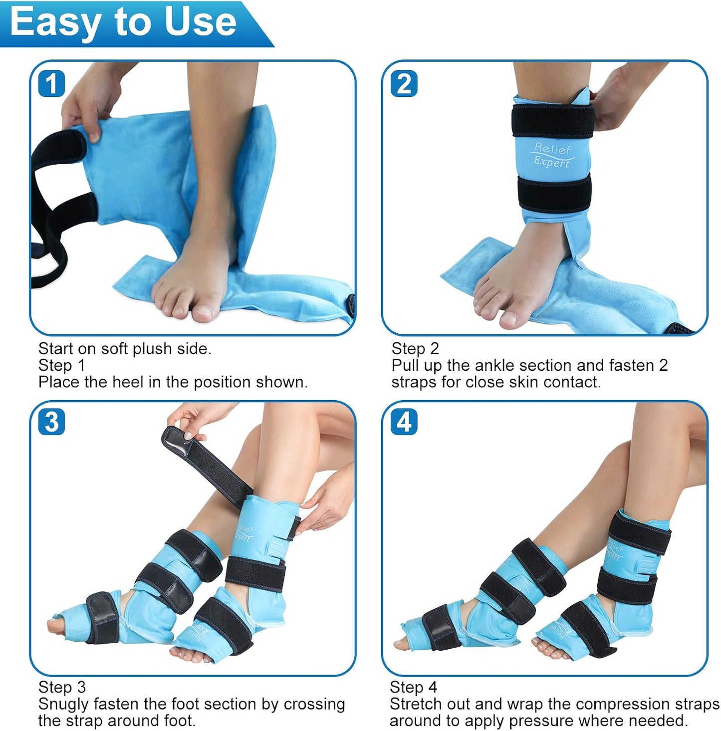 Relief Expert Ankle Ice Pack Wrap – Reusable Cold Gel Pack for Foot and Heel, Dual-Sided Design with Soft Plush Lining, Flexible Cold Compress for Achilles and Ankle Support, Blue