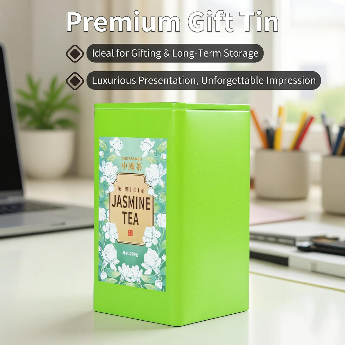 Choteaweis Chinese Jasmine Green Tea Loose Leaf Pure Leaves in Iron Can Green Tea | 100% Natural with No Artificial Additives | 7.05 Ounce (200g)