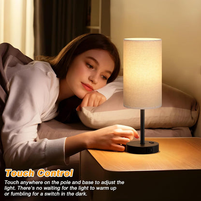 Dicoool Touch Bedside Table Lamp with USB - 3 Way Dimmable Wood Lamp for Bedroom Nightstand, Desk Lamp with Charging Station for Dorm, Living Room, Office, Kids Room, Small, 14in