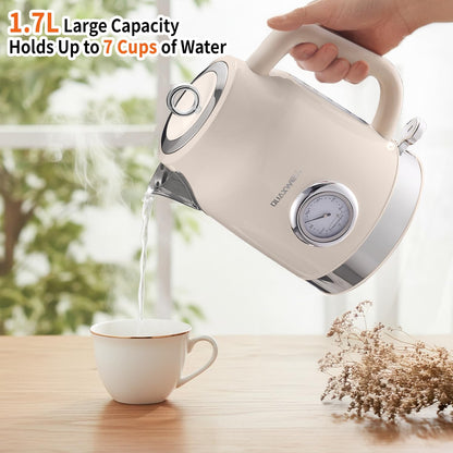 Retro Electric Tea Kettle, 1.7L, Matte White and Gold