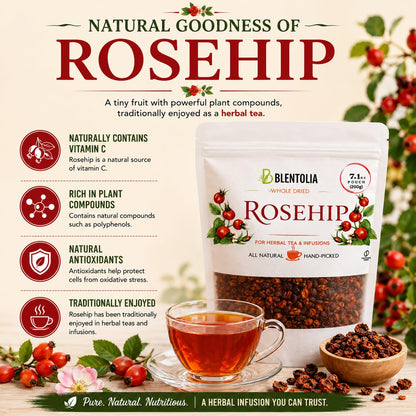 Blentolia Rosehip Whole Dried | 100% Natural Herbal Tea | Vitamin C Rich, Immune & Wellness Support | Caffeine-Free | 7.05oz (200g) Resealable Pouch