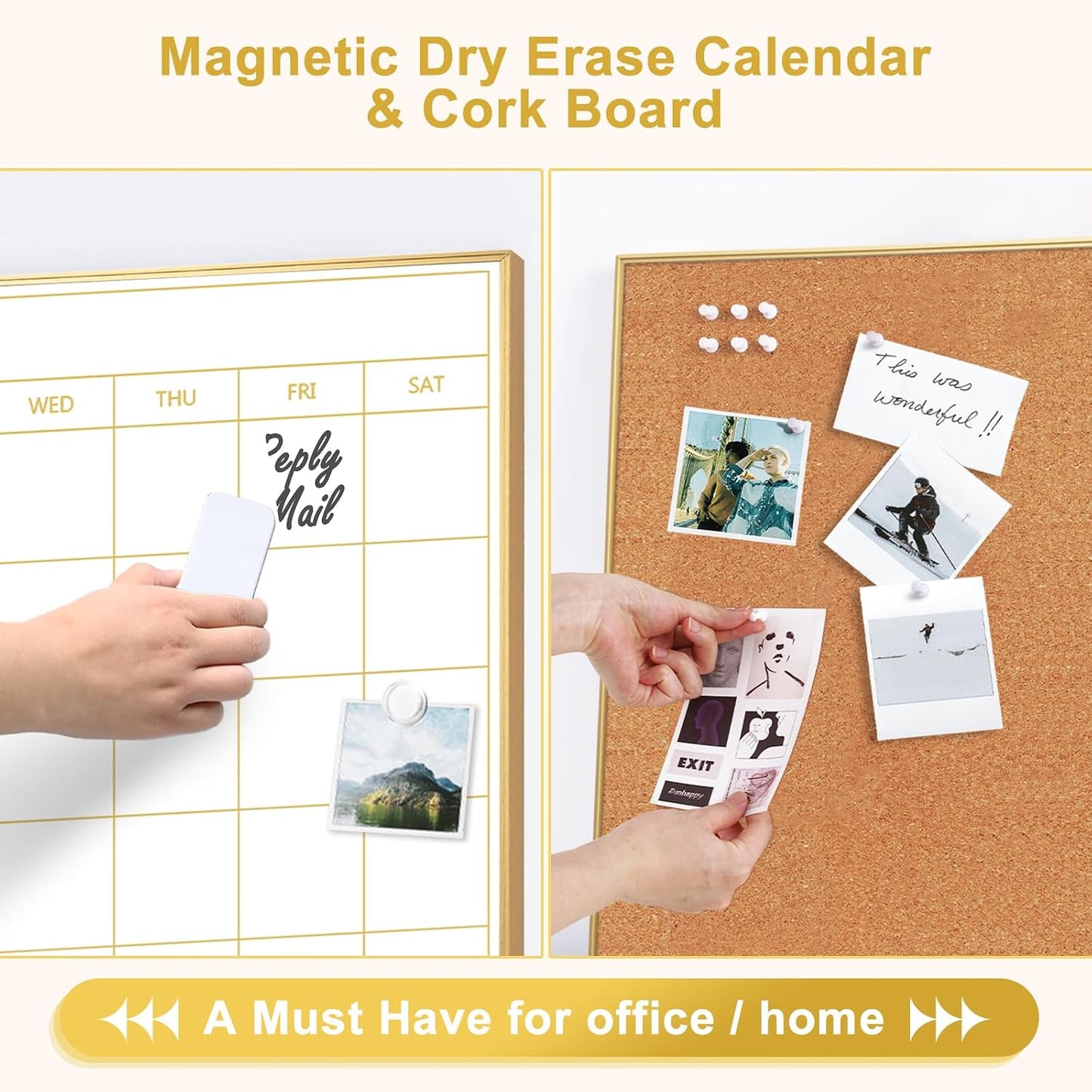 ARCOBIS Dry Erase Calendar with Cork Board for Wall, 24"x 18" Magnetic Calendar Whiteboard with Black Frame, Monthly Combination Board for School, Home, Office