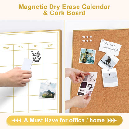ARCOBIS Dry Erase Calendar with Cork Board for Wall, 24"x 18" Magnetic Calendar Whiteboard with Black Frame, Monthly Combination Board for School, Home, Office
