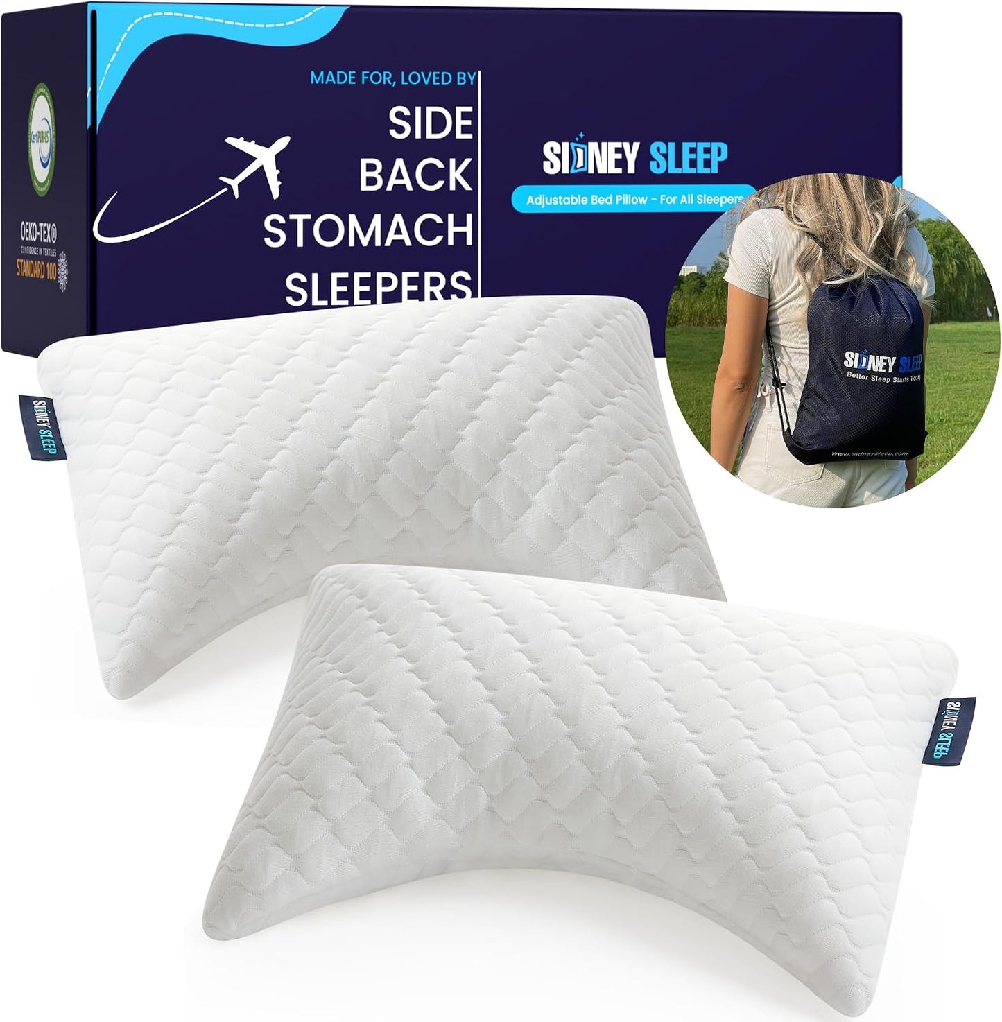Sidney Sleep Adjustable Curved Pillows for Neck and Shoulder Support with Extra Shredded Fill - Cervical Contour Pillow for Side and Back Sleepers - Queen Size 19" x 29" CertiPUR-US Certified (White)