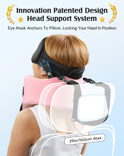 YFONG Travel Pillow for Long Flights, Patented 360° Ergonomic Sleeper Hold Head Support System with Memory Foam Neck Pillow & 3D Sleep Mask, Prevent Head Bobbing for Airplane & Road Trip, Pink