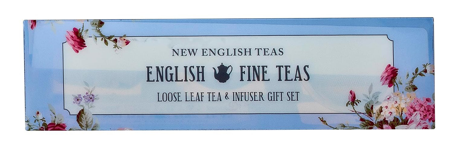 New English Teas Loose Leaf Tea & Infuser Gift Set – 3 Vintage Floral Tins with Breakfast, Earl Grey & Afternoon Blends with Loose Tea Infuser