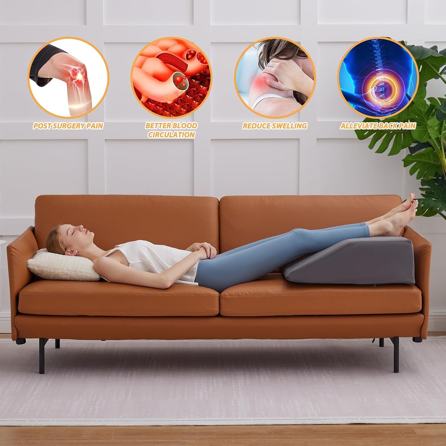 Bedluxe Leg Pillow Elevation Blood Circulation, Wedge Pillow for Legs Swelling, Leg Elevating Wedge Pillow for After Surgery, Foot Knee Pillow for Leg Rest, Sleeping, Memory Foam Top, 8in, White/Grey