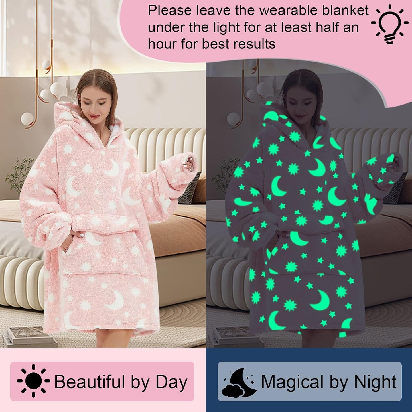Fiosnow Sun and Moon Blanket Hoodies for Women and Men Adult Oversize Wearable Blanket Hoodies for Soft and Warm