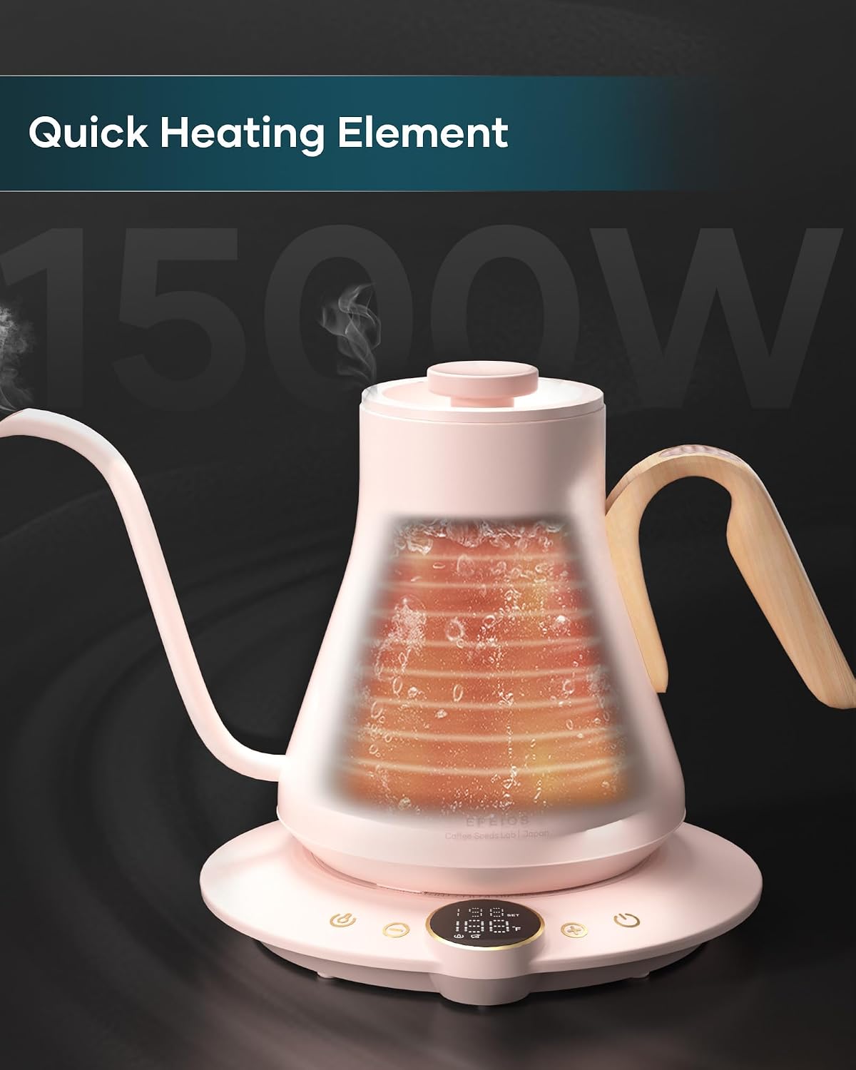 INTASTING Gooseneck Electric Kettle with ±1℉ Temperature Control for Pour Over Coffee & Tea, Quick Heating, BPA-Free Stainless Steel, Built-in Brew Timer, 1500W/0.9L (Ebony Black)