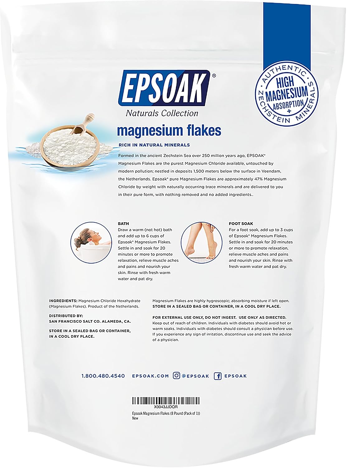 Epsoak Magnesium Flakes 4 lb. Magnesium Sulfate USP. Resealable Epsom Salt Bag Unscented, Made in The USA, Cruelty-Free Certified