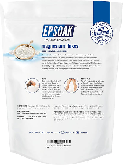 Epsoak Magnesium Flakes 4 lb. Magnesium Sulfate USP. Resealable Epsom Salt Bag Unscented, Made in The USA, Cruelty-Free Certified