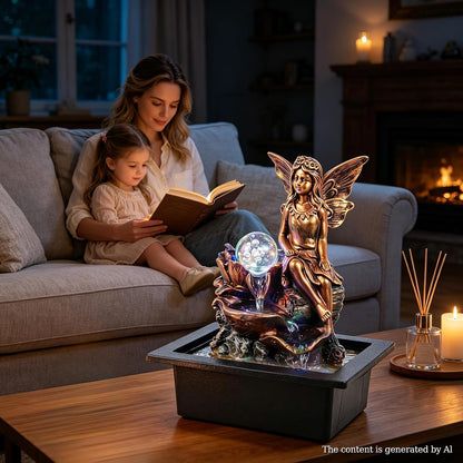 GOESWELL Water Fountain for Indoor Tabletop: Antique Bronze Fairy Statue Tabletop Waterfall with Rotating Crystal Ball for Desk - Small Zen Meditation Decor for Home Office Bedroom Relaxation