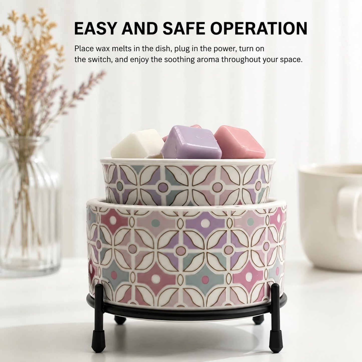 NAFANG Blue & White Porcelain Pattern Wax Melt Warmer,Ceramic 3-in-1 Electric Candle Wax Warmer for Scented Wax Melter Oil Burner for Home Office Bedroom Gift & Decor (with KD Iron Shelf)