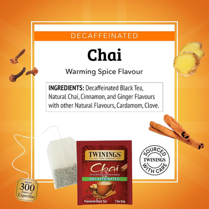Twinings Decaffeinated Chai Individually Wrapped Bags, 100 Count (Pack of 1), Sweet, Savoury Spices, Enjoy Hot or Iced, 100 Teabags