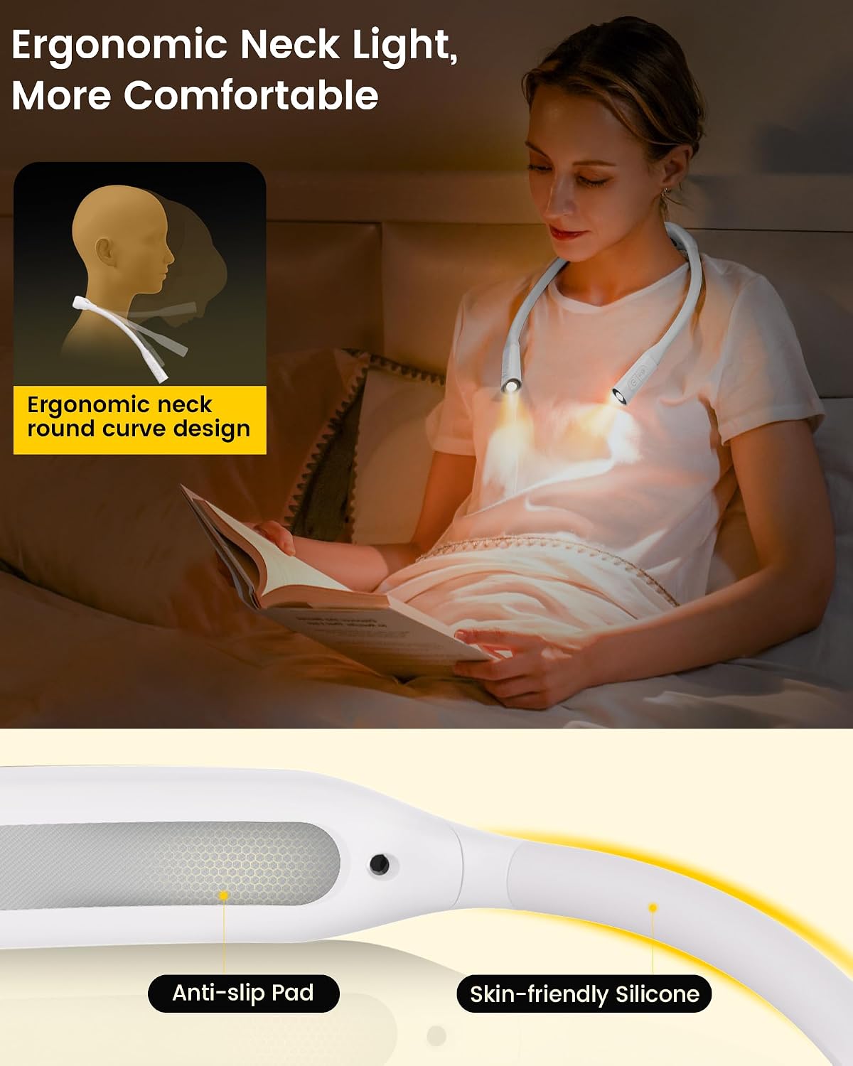 Glocusent Neck Book Light, 1200mAh Rechargeable Neck Reading Light, Hands Free Book Lights for Reading at Night, 5 Colors & 5 Brightness, Private Lightweight Book Reading Light in Bed for Book Lovers
