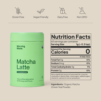 Morning Made Vanilla Ceremonial Grade Matcha Powder - USDA Organic Japanese Green Tea Matcha Powder from Uji Japan - Vegan, Gluten-Free, Resealable Tin (10.6 oz, 60 Servings)