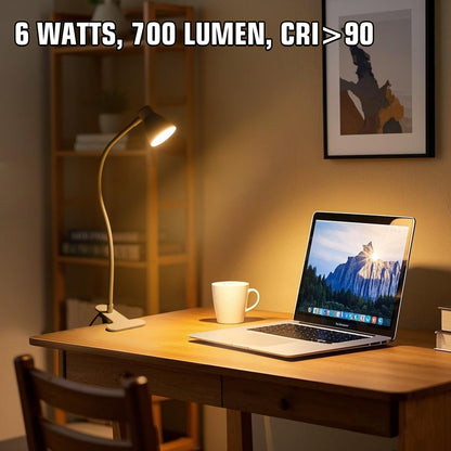 CRI 90+ Eye-Care Clip Light for Reading, 6W Small Clamp Lamp for Desk, Flexible Gooseneck Clip Lamp for Bed Headboard with 3 Color Modes & 10 Brightness(Adapter Include)