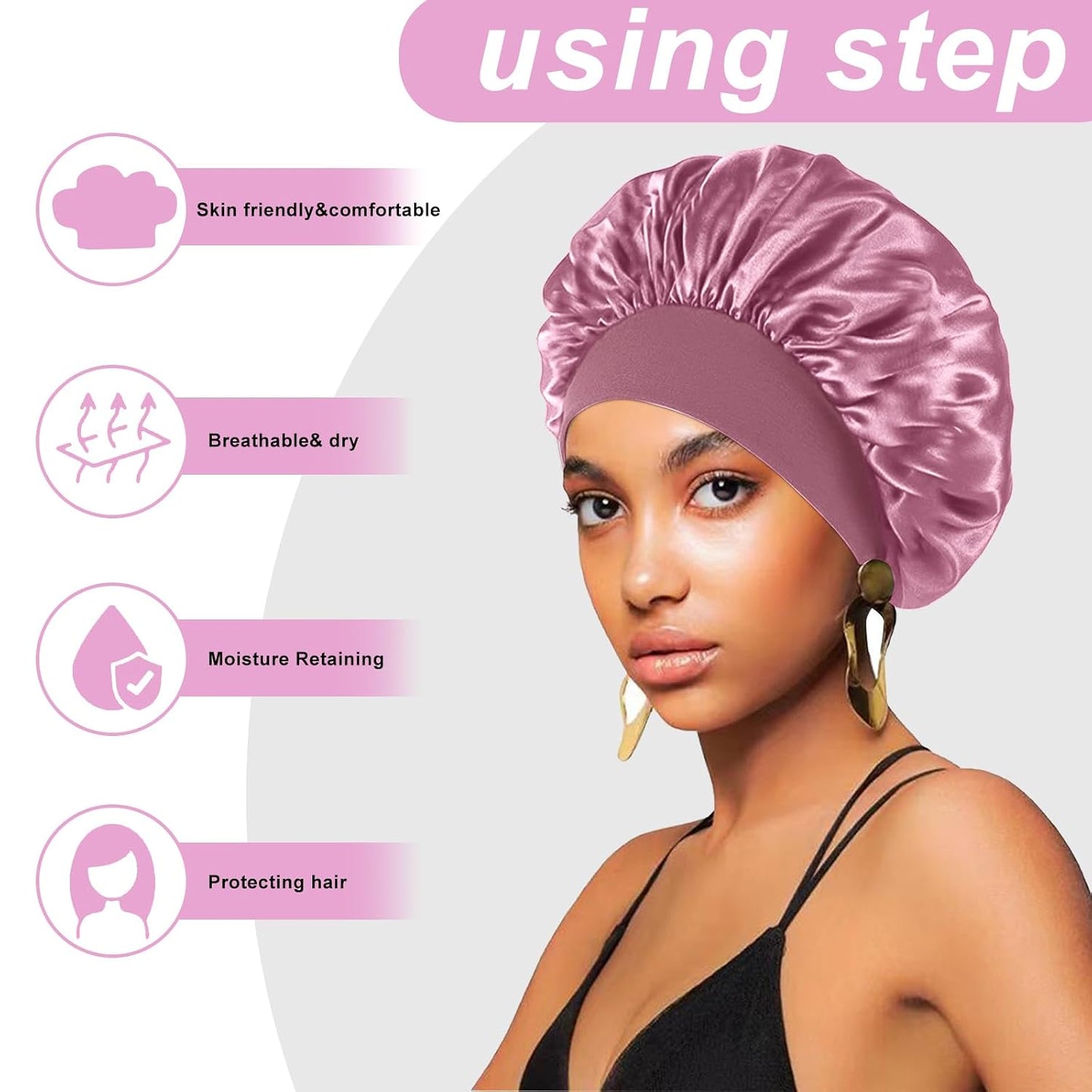 4PCS Silk Satin Bonnets for Black Women & Men - Elastic Wide Band Hair Wrap Cap for Curly Hair - Shower Cap for Sleeping (Black, Peacock Blue, Pink, Khaki)