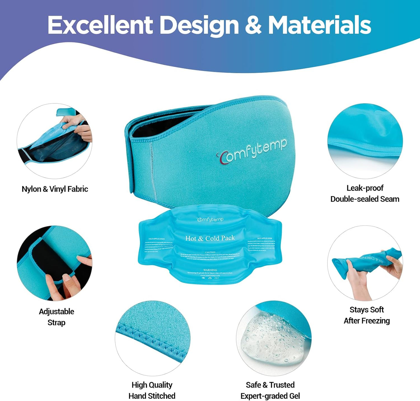 Comfytemp Ice Pack for Back Pain Relief, 2 Pcs, Sciatica Ease Brace, Reusable Gel Lower Back Ice Wrap for Injuries, Hot Cold Compress for Lower Lumbar, Waist, Men Women After Surgery (Blue)