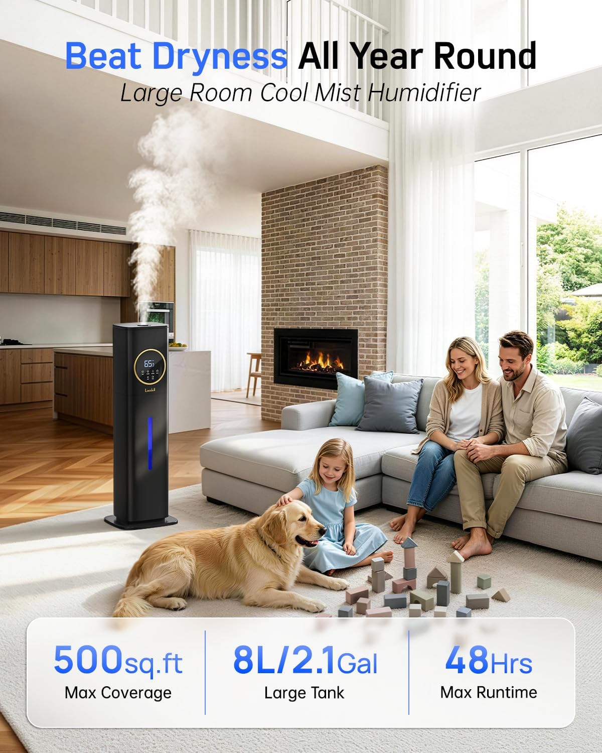 LACIDOLL Humidifiers for Bedroom 500 sq ft, 2.1Gal/8L Humidifier large room with Night Light & Essential Oil Diffuser, Top Fill Large Room Humidifiers for Home Baby Nursery Office Plants, Black