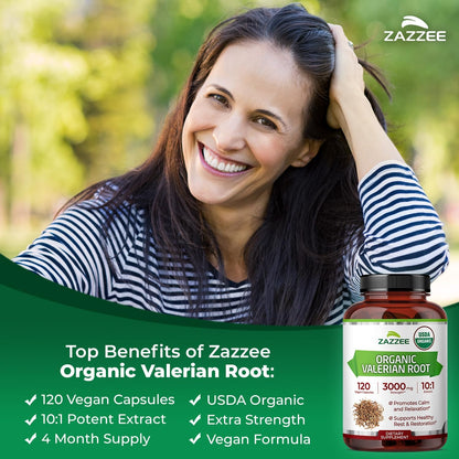 Zazzee USDA Organic Valerian Root 10:1 Extract, 120 Vegan Capsules