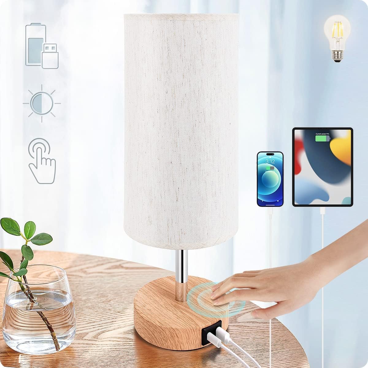 Yarra-Decor Bedside Table Lamp with USB Ports - Touch Control for Bedroom 3 Way Dimmable Nightstand Lamp with Round Fabric Shade for Living Room, Dorm, Home Office, Corded Electric, Without Battery