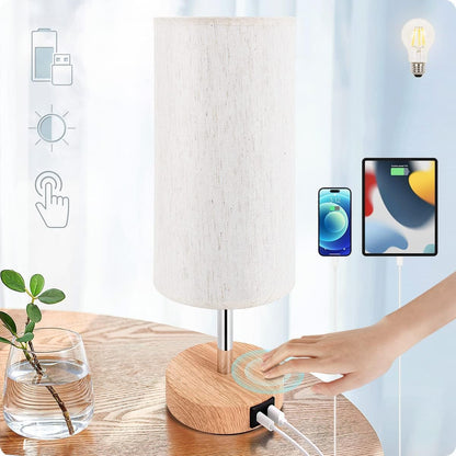 Yarra-Decor Bedside Table Lamp with USB Ports - Touch Control for Bedroom 3 Way Dimmable Nightstand Lamp with Round Fabric Shade for Living Room, Dorm, Home Office, Corded Electric, Without Battery
