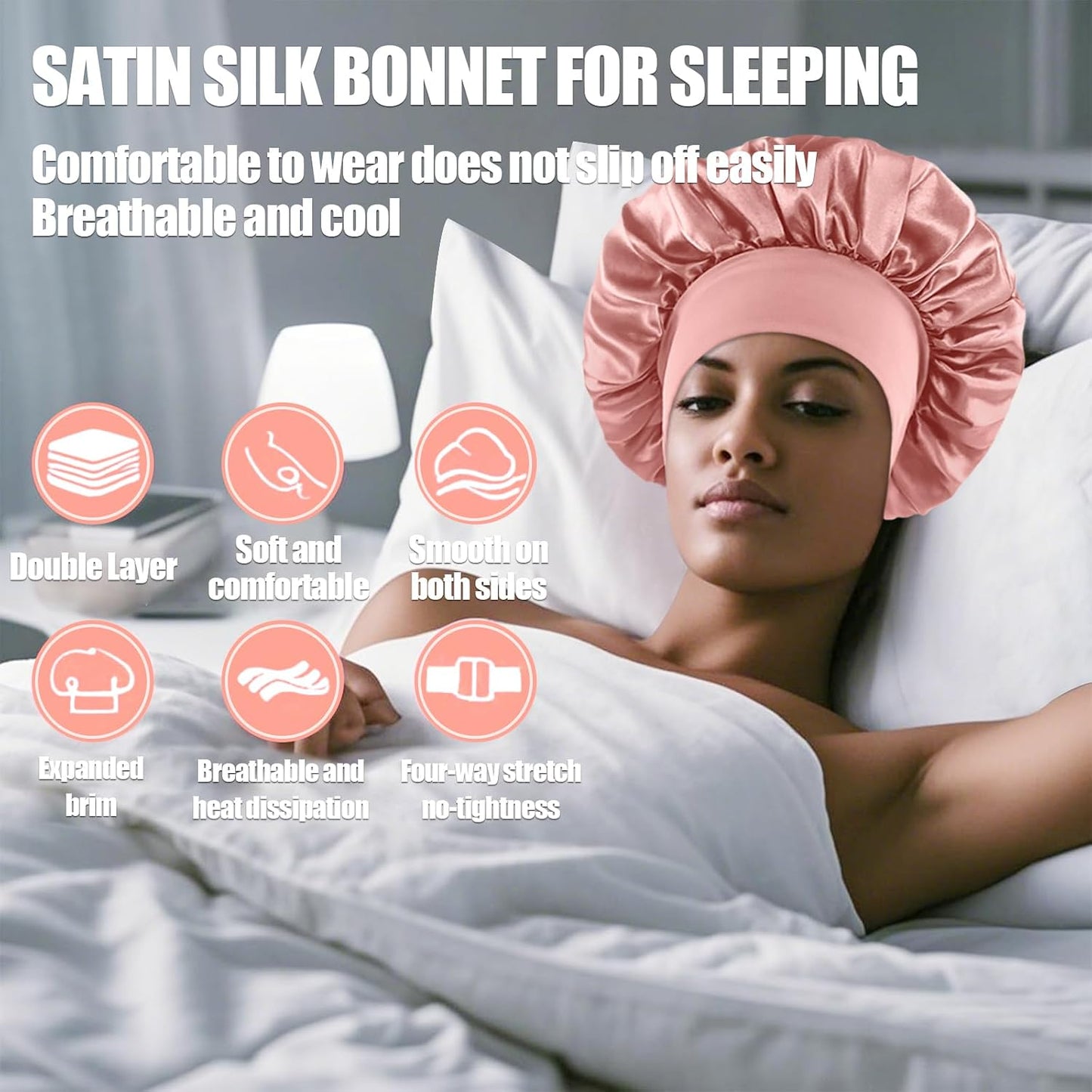 4PCS Silk Satin Bonnets for Black Women & Men - Elastic Wide Band Hair Wrap Cap for Curly Hair - Shower Cap for Sleeping (Black, Peacock Blue, Pink, Khaki)