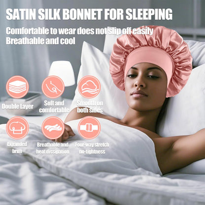 4PCS Silk Satin Bonnets for Black Women & Men - Elastic Wide Band Hair Wrap Cap for Curly Hair - Shower Cap for Sleeping (Black, Peacock Blue, Pink, Khaki)