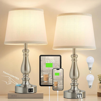 EJIAXIN Lamps for Bedrooms Set of 2, Brushed Nickel Bedside Lamps with USB C+A Ports,Dimmable Nightstand Lamps with Fabric Lampshade, Touch Table Lamp for Living Room Bedroom Office, Bulbs Included