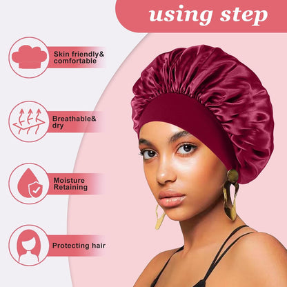 4PCS Silk Satin Bonnets for Black Women & Men - Elastic Wide Band Hair Wrap Cap for Curly Hair - Shower Cap for Sleeping (Black, Peacock Blue, Pink, Khaki)