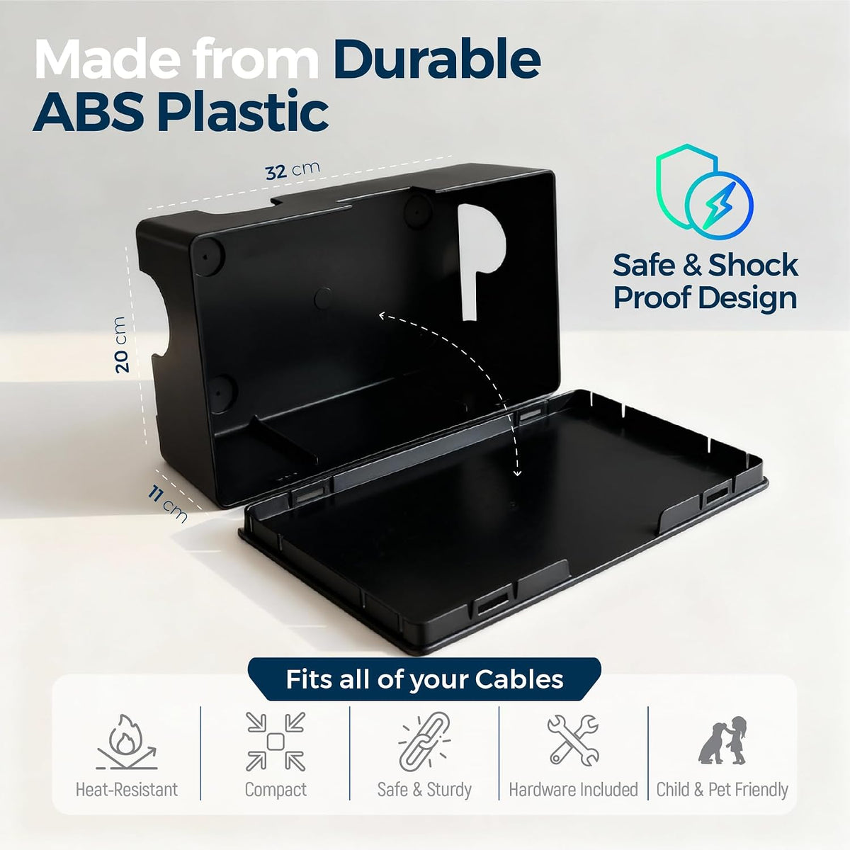 Cable Management Box ABS 12.6x7.9x4.5in, White, Mounting Kit Included
