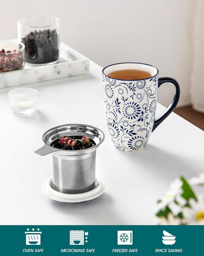vancasso SELENE Porcelain Tea Mug, 18 oz Porcelain Tea Cup with Infuser and Lid Steeps Loose Leaf Tea, Microwave & Dishwasher Safe, Blossom Cluster