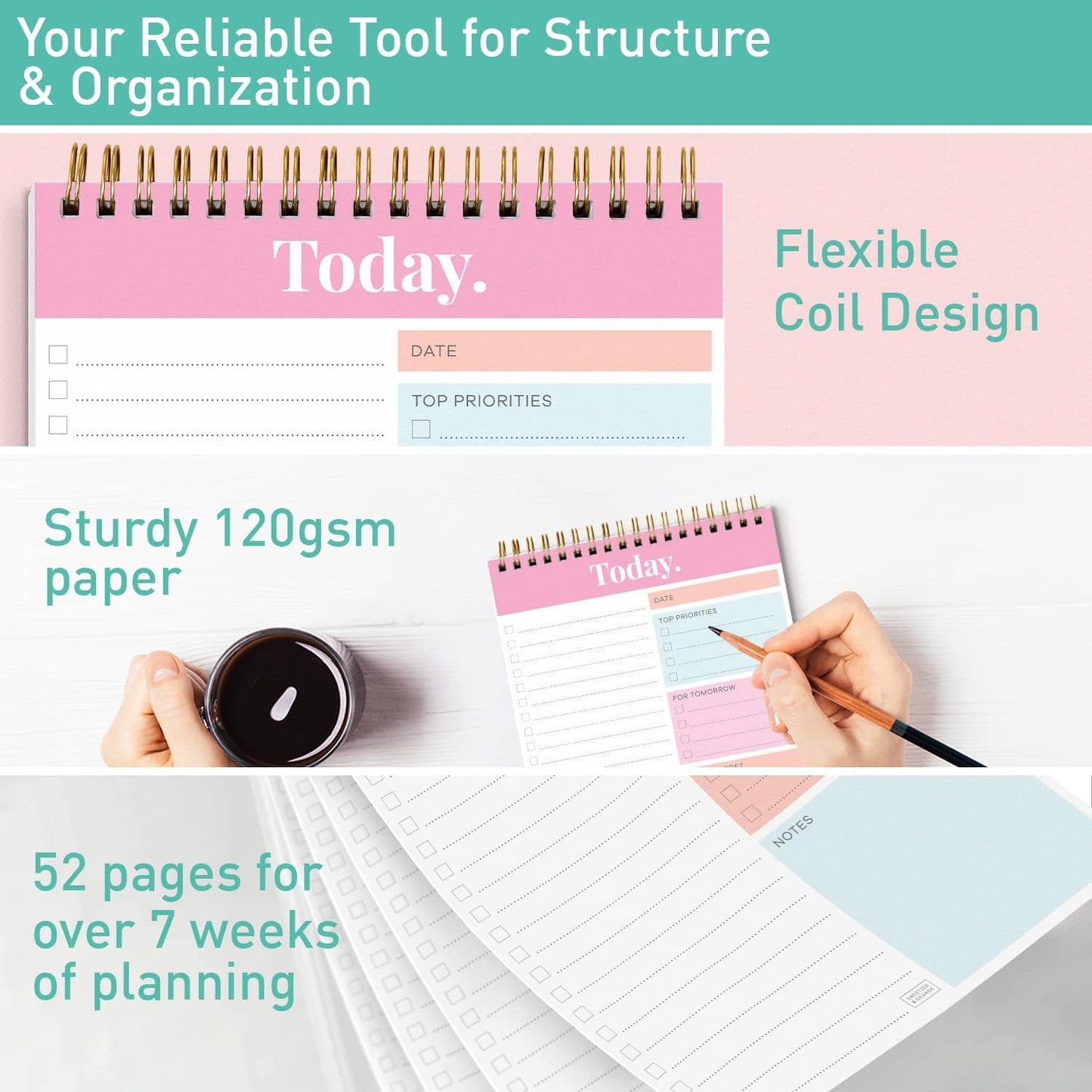 Sweetzer & Orange Daily & Weekly To Do List Notepad – Undated Work Planner & Organizer with Wish List Section, 52-Sheet Coiled Task Pad for Productivity – SET OF 4 To Do List Notebook for Work