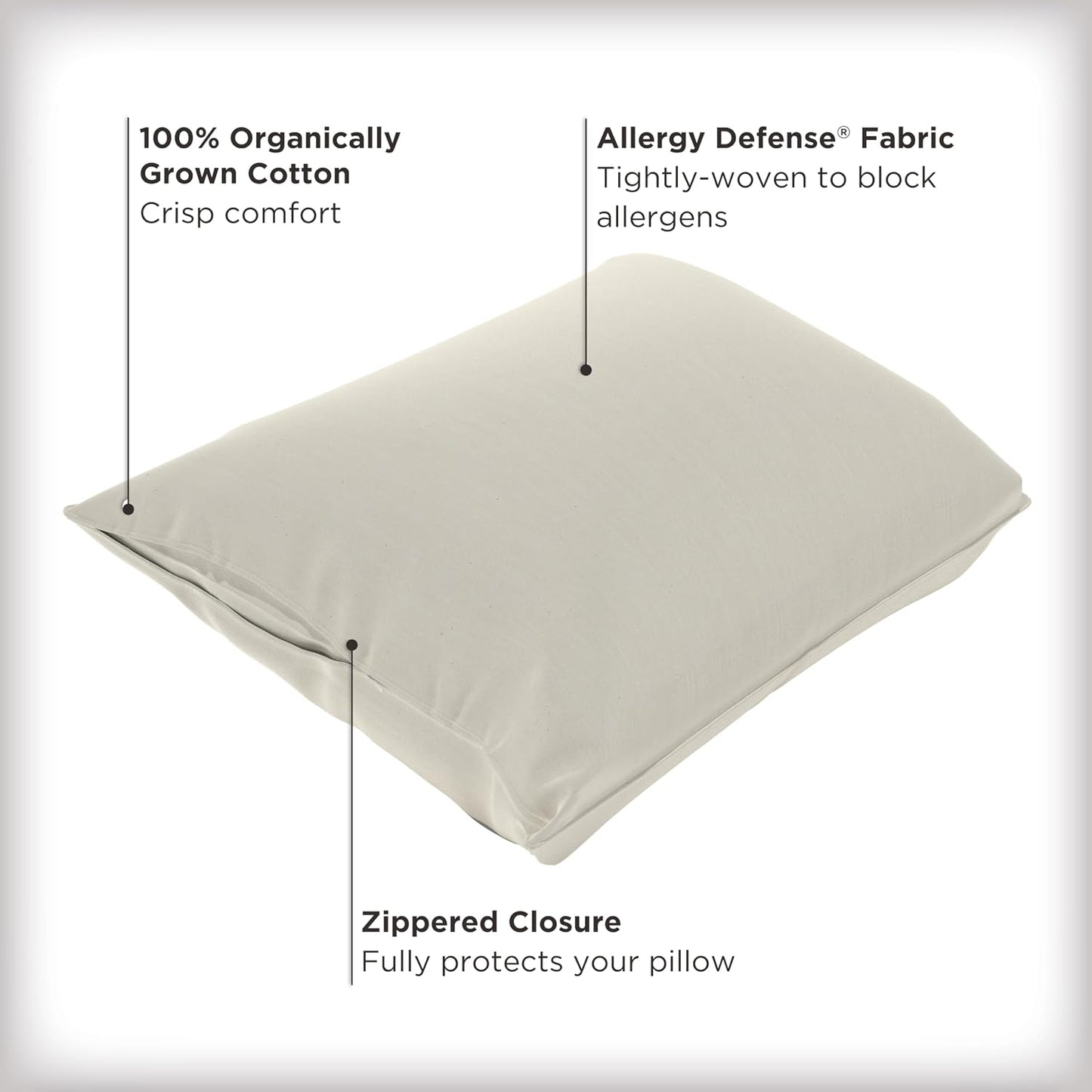 AllerEase Organically Grown Soft Cotton Allergy Defense Zippered Pillow Protector- Standard/Queen- 2 Pack