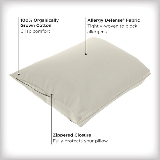 AllerEase Organically Grown Cotton Zippered Pillow Protector, Standard/Queen, 2 Pack