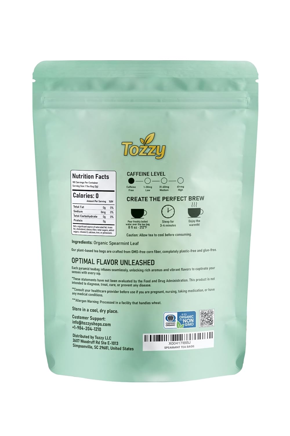 Tozzy Organic Spearmint Tea – 100 Count, Plant-Based Pyramid Tea Bags – Packaging May Vary