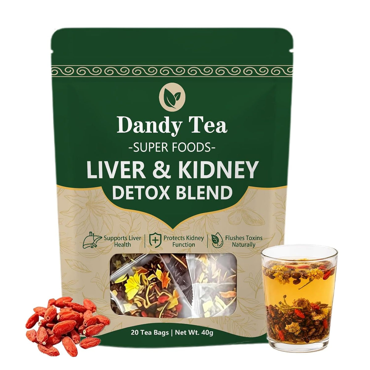 Dandy Superfoods Liver and Kidney Detox Tea,Liver Detox Tea - Dandelion Goji Berry Tea | Natural Herbal Blend - 20 packs