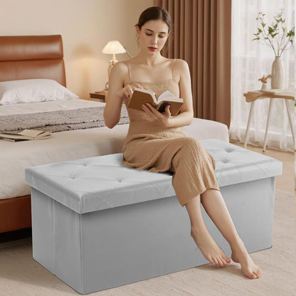 DUMOS 43 Inch Folding Storage Ottoman Bench, Large Hidden Storage Chest with Thicker Foam Padded Seat, End of Bed Foot Rest Stool for Bedroom Living Room Entryway, Load 660 lbs, Grey