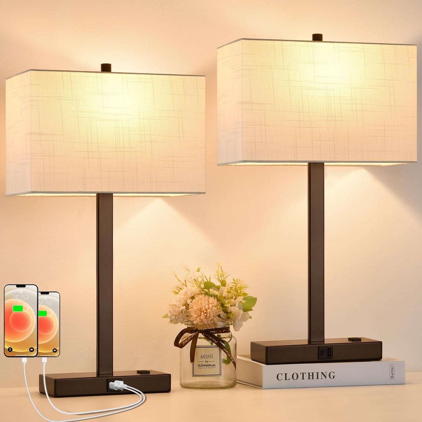 21" Touch Bedside lamps with 2 USB & AC Outlets, 3-Way Dimmable Bedside Table Lamps Set of 2 for Bedroom Living Room Office Reading, Gray Shade Lamps for Night Stands, 5000K LED Bulbs Included
