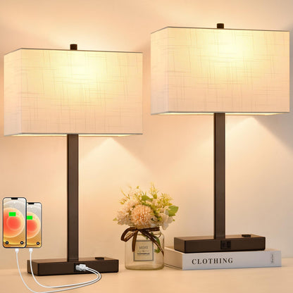 21" Touch Bedside lamps with 2 USB & AC Outlets, 3-Way Dimmable Bedside Table Lamps Set of 2 for Bedroom Living Room Office Reading, Gray Shade Lamps for Night Stands, 5000K LED Bulbs Included