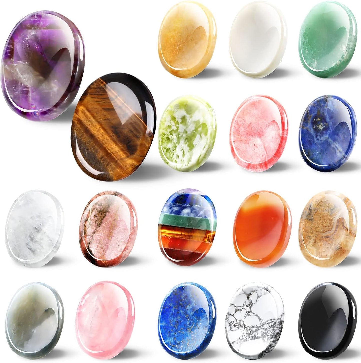 Fumete 18 Pcs Thumb Worry Stone for Anxiety Chakra Crystals Oval Chakra Stones Amethyst Tigers Eye Crystal for Anxiety Stress Relief Meditation Office Stress Yoga Crystal Spiritual Gift (Mixed Set)