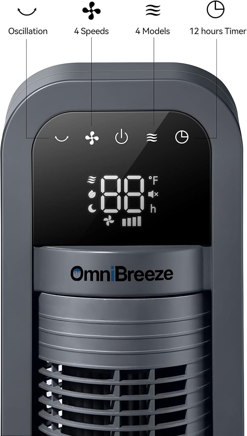 OmniBreeze Digital Electric Tower Fan, with Remote Control, LED Display, Standing Bladeless Floor Fans Cooling and Quite Indoor Living Room Bedroom use (36 Inch)…
