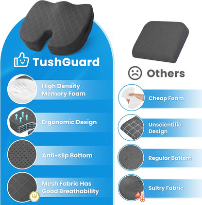 TushGuard Seat Cushion - Memory Foam Sitting Pillow for Office Chair, Car Seat, Airplane, Bleacher - Sciatica & Hip & Coccyx Pain Relief Desk Chair Cushion for Long Sitting Office Workers, Car Drivers